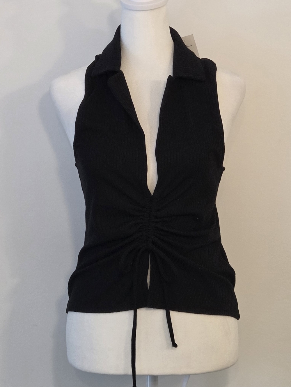Guess Black Ruched Halter Collared Tank Top